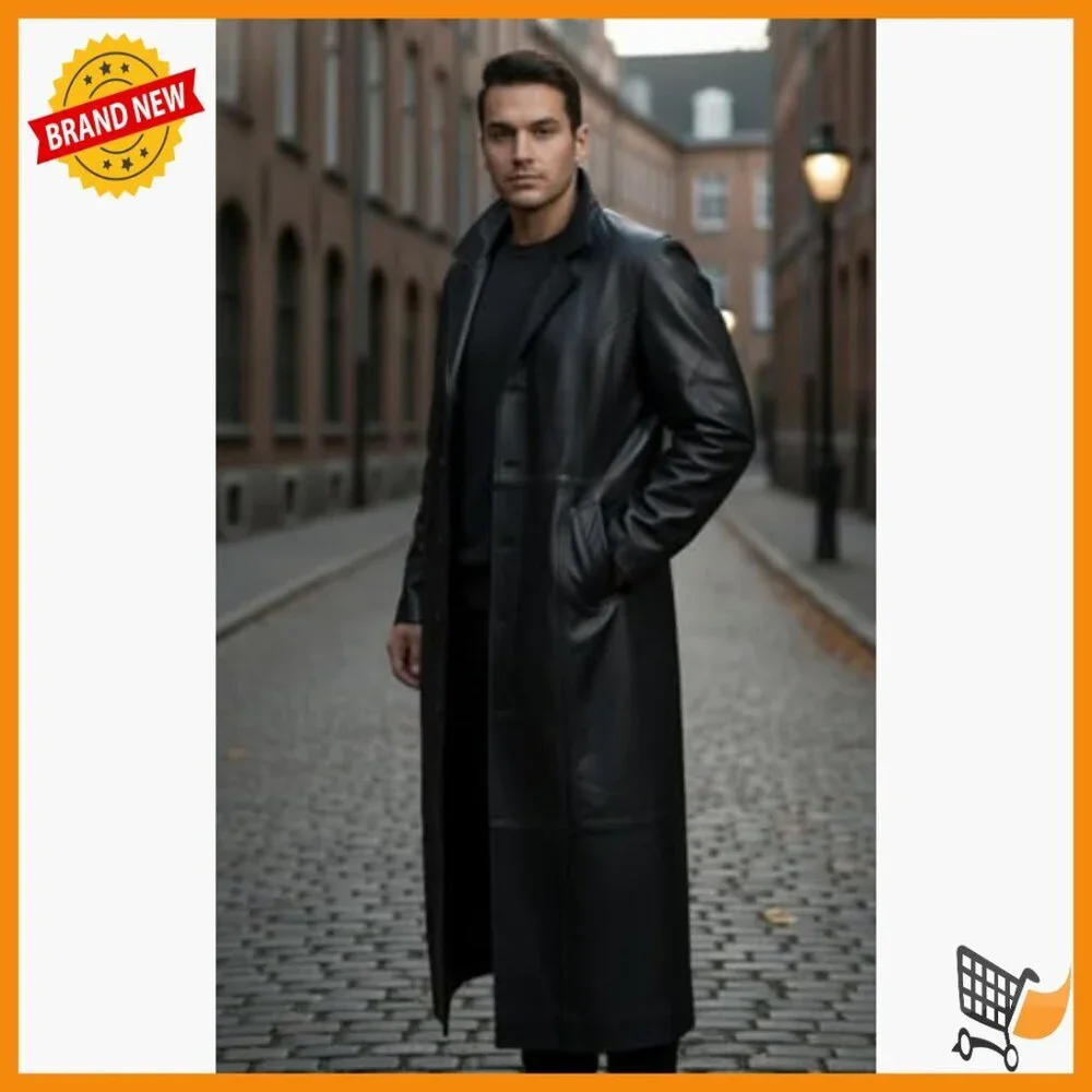 XL Lambskin Leather Trench Coat Long Duster Overcoat Mens Winter Outwear